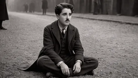 cinematic film still of  in the 1930's charles chaplin tocando ukulelê; a man sitting on the ground wearing a ha and coat,standi...