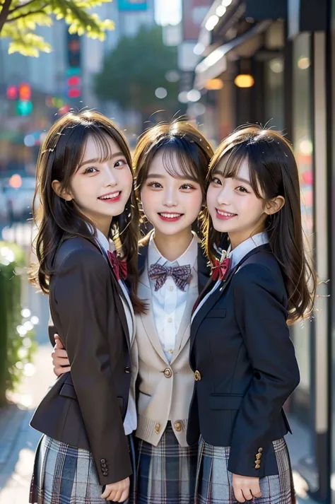 Three Beauties,3 girls, Checked Skirt, a bow tie, winter blazer uniform, smile, big laugh