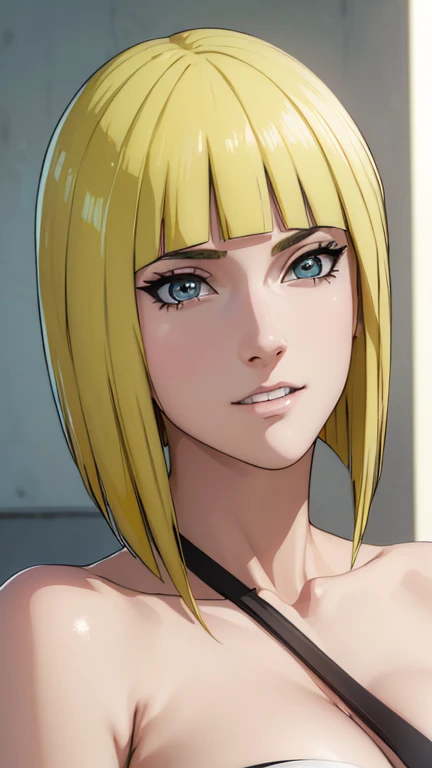 (best quality,4k,8k,highres,masterpiece:1.2), ultra-detailed, (realistic,photorealistic,photo-realistic:1.37), beautiful 17-year-old girl, beautiful slim and graceful figure, Samui from the anime Naruto, detailed face (6k), short haircut (light-colored hair), smiling, model pose