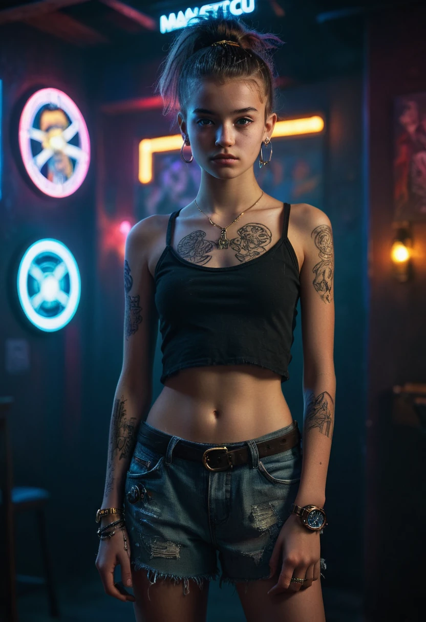 full body shot, (art by Don Northrup:1.1), award winning, Complex Dark ages Emma Raducanu, 18 years old, Exploring new places, Pirate hairstyle, hi top fade hair, Voyeuristic Danceclub Tattoo, Masai Watch, tilt shift, Hopeless, Pre-raphaelitism, Neon Light, (Cinematic, moody lighting) ,