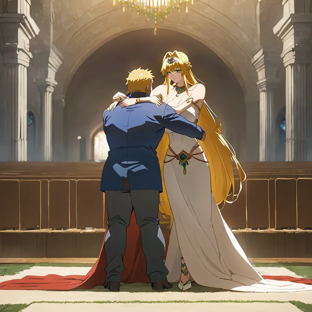 ((Highest quality)), ((masterpiece)), (detailed), （Perfect Face）、The woman is Tearju, the evil queen of the Gerudo tribe, with green eyes, medium-long blonde hair, and is wearing the costume of Princess Zelda, princess of Hyrule.、The woman is happily embracing the man, King Ganondorf, as they hold their wedding ceremony in a luxurious church.、The man is King Ganondorf of the Gerudo tribe, a dignified, muscular, bearded, dark-skinned man wearing the royal attire of the Gerudo tribe.