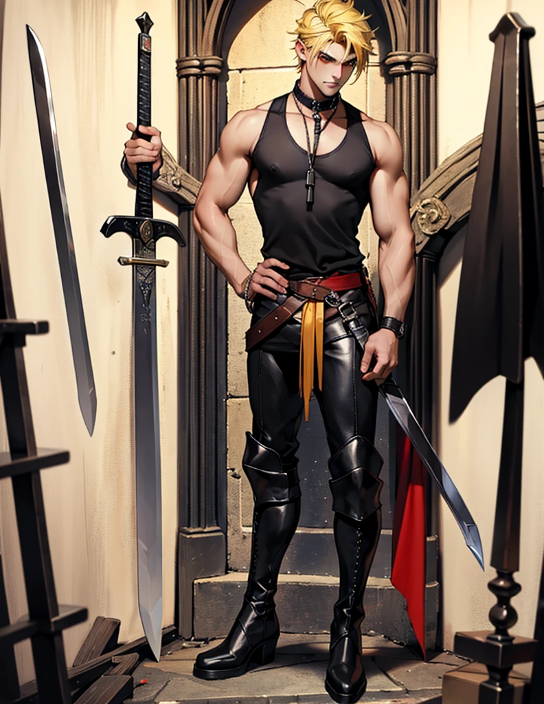 21:12:26 A handsome Galician boy with red eyes, short hair, full body view with a black shirt, medieval clothes and leather boots, sword, blonde hair, yellow hair, open tank top, chest sample 