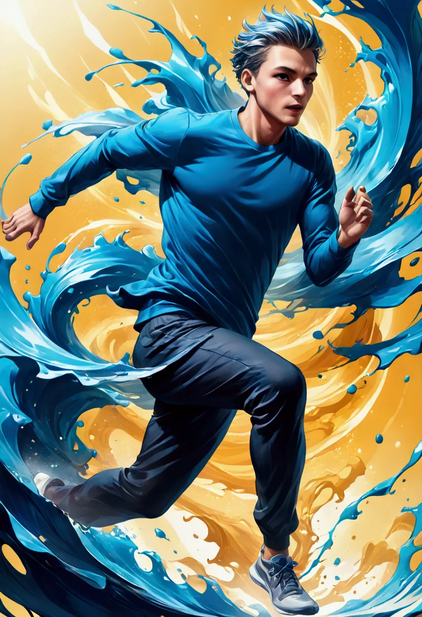 
      ( perfect anatomy )man in his twenties, Light blue wavy short hair,Sporty handsome boy running in blue sweatshirt, Rapidl...