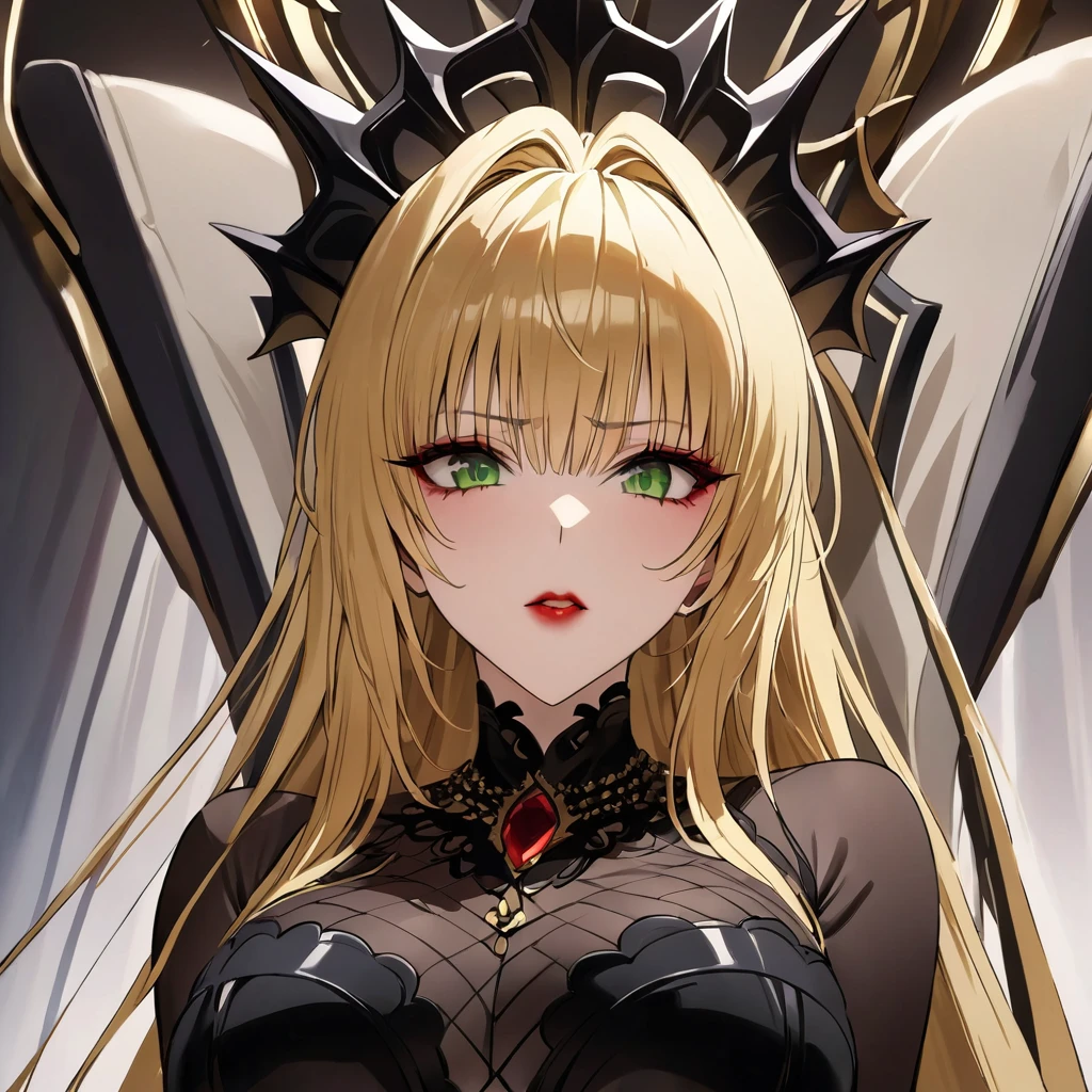 ((Highest quality)), ((masterpiece)), (detailed), （Perfect Face）、The woman is Tiare, a dark queen with green eyes, medium-long blonde hair, red lipstick and makeup. She is wearing a luxurious dress of an evil dark queen, black tights with only her face showing, a crown and is reigning on a luxurious throne.