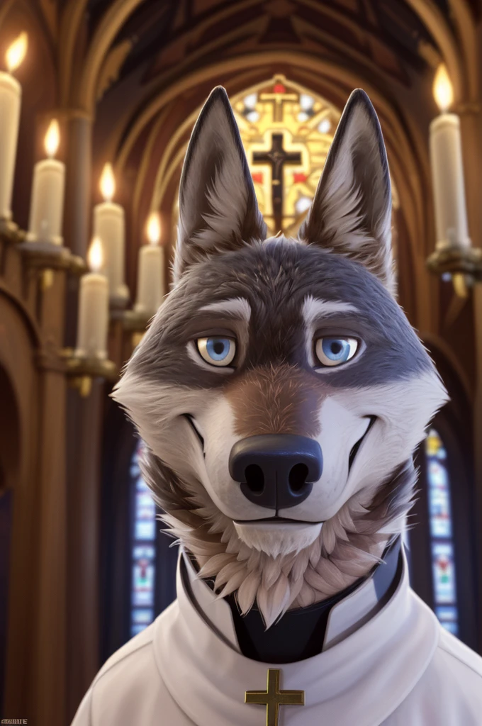 Larry (Zootopia), wolf, Gray Fur, (brown body:1.3), beautiful blue eyes, Zootopia,  Pope, Catholic priest,pectoral cross white collar, canine,wolf, detailed fur, male, second, paw pads, claws, looks at the viewer, 5 fingers, paws, 4 toes, in churches, candles altar,Catholic Church, Vatican, 
BREAK from nextel, for dating, by xenoforge, (difficult, high detail,digital photography, soft focus, RAW, close to the camera, smile, positive, Good, mood, Houses, looks at the viewer, очень close to the camera, Pope. 
Photorealism, realistic, photorealistic,digital style, Subsurface scattering,очень close to the camera
шедевр, Best quality, ultra realistic, 8 thousand.)