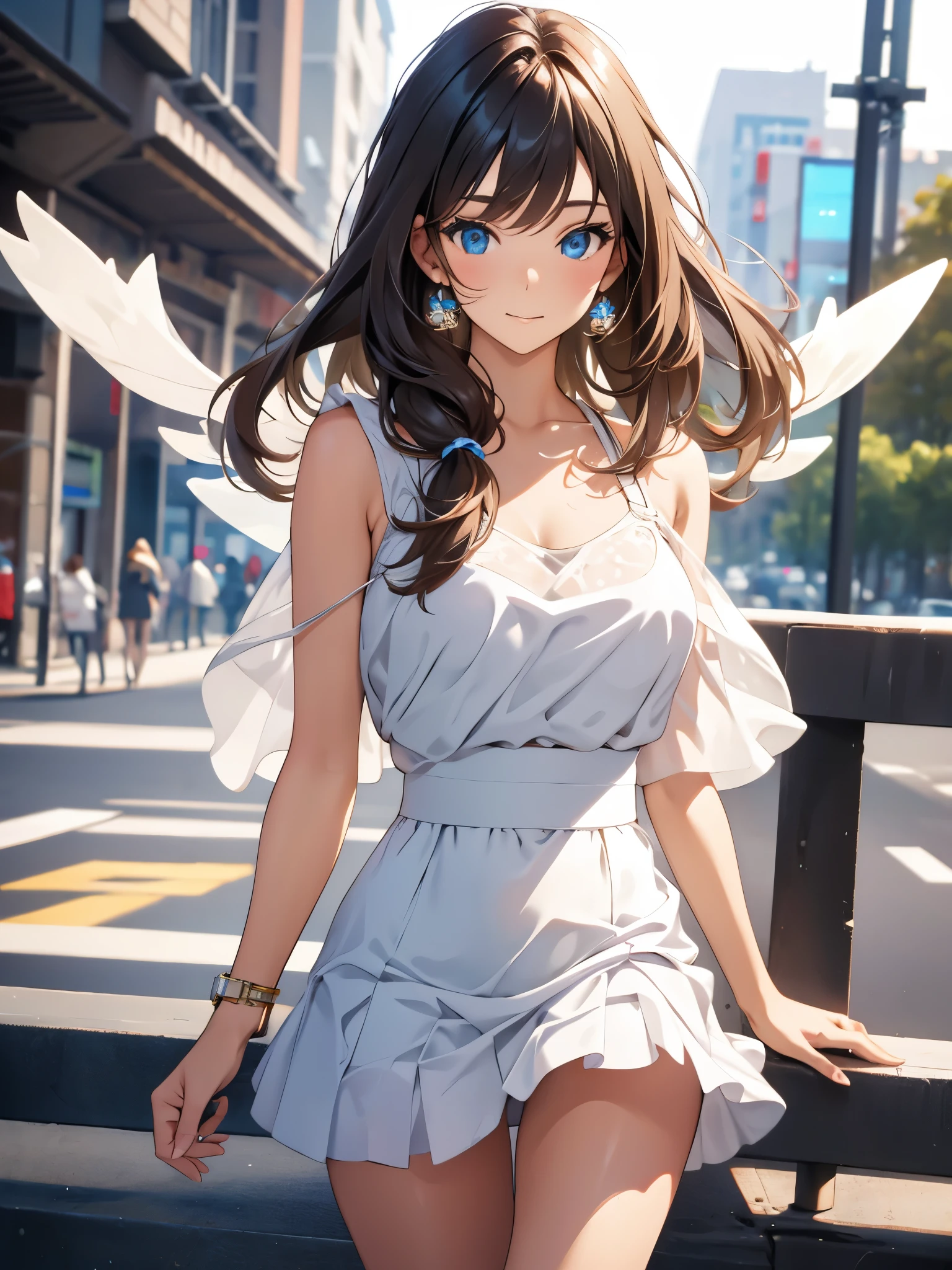 high resolution, best qualityer, work of art, ultra high definition, ultra high definition, ultra realistic, 3d, アニメ, illustration, standing alone, very beautiful and cute woman in her twenties, She wears a light white floral miniskirt dress and flaps her wings, her hair is moving, whole body, wonderful perfect proportions, shiny light brown medium hair, high layer cut, mullet hairstyle, shining blue eyes, glad, shy