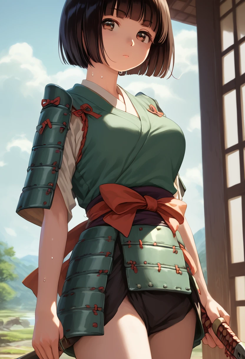 pontuação_9,pontuação_8_acima,pontuação_7_acima,obra de arte,melhor qualidade, anime fonte, realista, sacimaer detailed, extremamente detalhado, avaliação_seguro,
1 garota, samurai, desenhar um arco, 
QUEBRA garota, 22 anos, cabelo curto, corte bob, (Franja cega), Cabelo preto, (tareme, olhos castanhos fofos detalhados), cílios enrolados, (seios grandes:0.9),
Cabelo brilhante, lindos olhos detalhados, rosto bonito,
delgado, bunda pequena, pernas finas,
Sério, Suor,