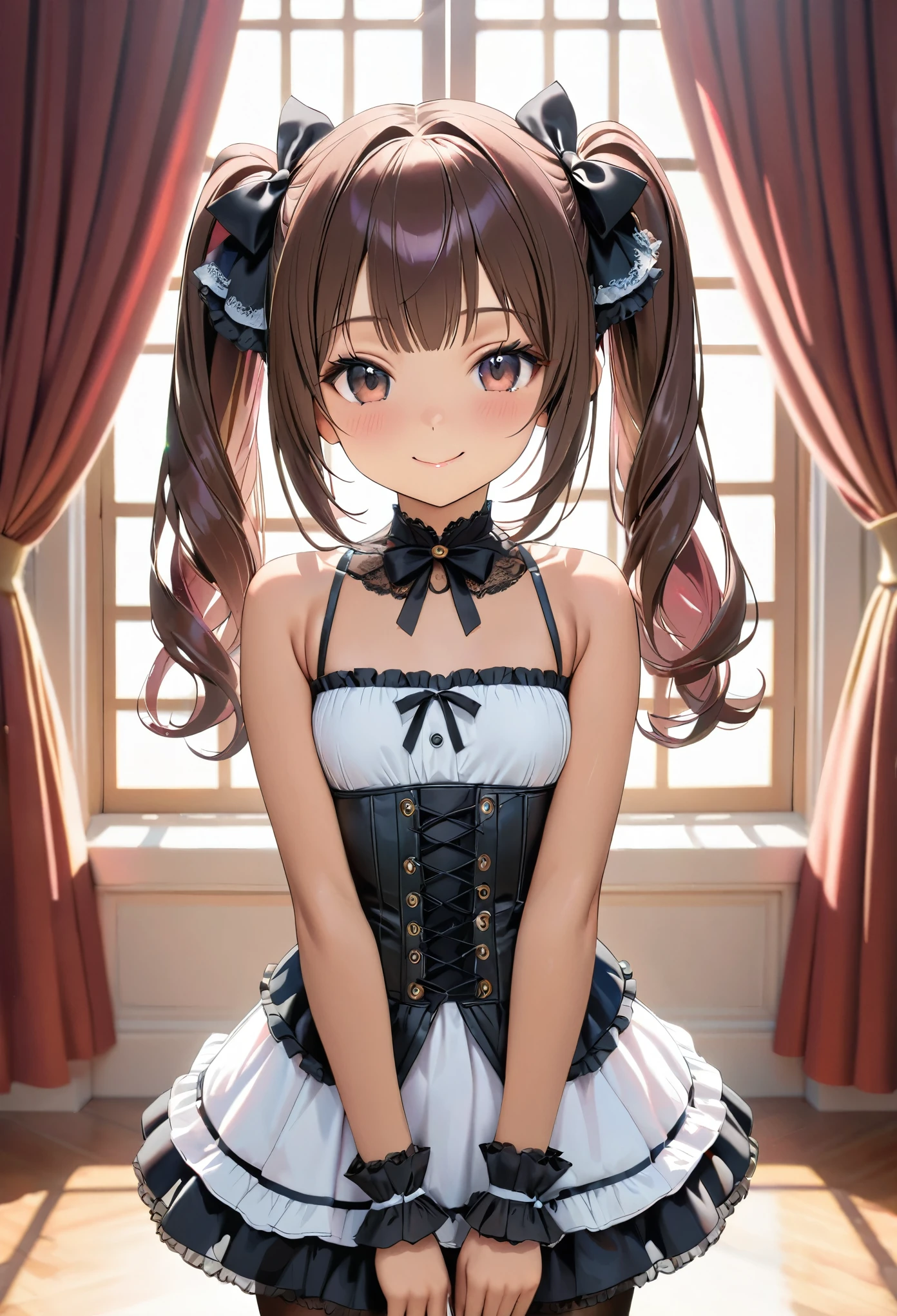 (masterpiece, 8K, photorealistic, Raw photo, best quality, ultra high resolution: 1.2), (1 girl), (solo), (10 year old female of Photorealistic anime girl), (hair ribbon, one-piece tan, breastless clothes, detached sleeves, corset, mini skirt, frills), (cute, little:1.5), (very beautiful face:1.5), (Beautiful face with perfect symmetry:1.2), (cute face:1.5), (small natural breasts:1.4), (wonderful smile:1.5), (tanned skin, high detail skin: 1.5), (perfect anatomy), (Beautiful Dark brown short tiered hair, V cut with layers and bangs:1.2), ((Beautiful black eyes:1.5)), (Soft atmosphere characteristics), (Gothic Lolita Fashion, see-through camisole, side tie panties, black pantyhose, high heels:1.4), ((perfect Pause)), (Face close-up:1.5), volume lighting, soft light, bright,