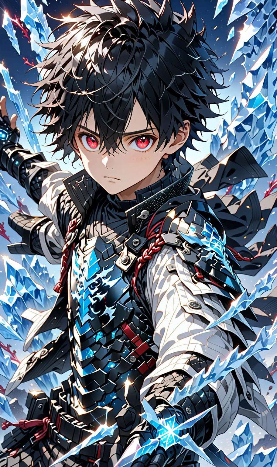 1boy, masterpiece, best quality, very aesthetic, absurdres,newest, anime style, sung jin woo,  solo leveling, black hair, HairDetailer, short hair, (ice neon black tech samurai armor:1.3)), (White kirito jacket:1.3), (glows deep ruby red eyes:1.2), (gradient eyes:1.2), (symmetrical eyes:1.2), big highlight on eyes:1.3), BeautifulEye, dynamic angle, thunder clap pose, GoodHands, intricate, surreal, intricate, Add Detail, 