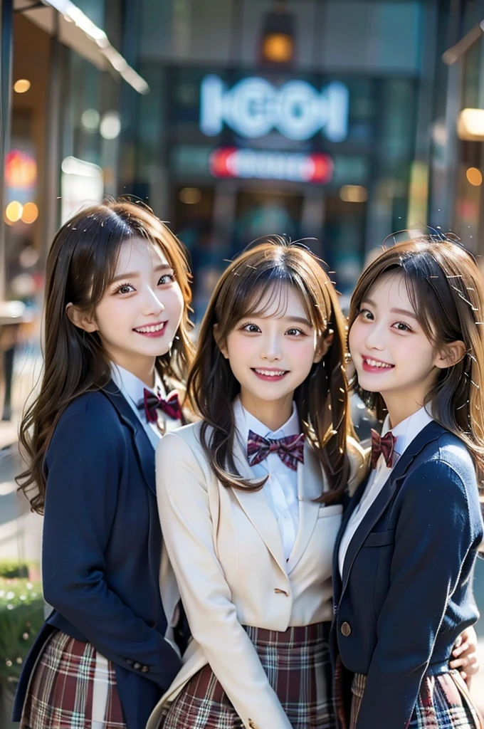 Three Beauties,3 girls, Checked Skirt, a bow tie, winter blazer uniform, smile, big laugh