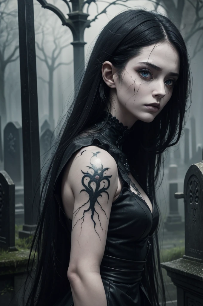 A hauntingly beautiful gothic figure emerges from the gloom, a broken doll of a woman with a cascade of black hair and piercing blue eyes. Scars mar her delicate features, and intricate tattoos adorn her pale skin. Clad in somber gothic attire, she stands amidst the rain-soaked gravestones, a vision of eerie elegance. This high-quality image, perhaps a painting or photograph, captures the melancholic beauty of a mysterious and enigmatic character, drawing viewers into her captivating presence. visible bloddy scar on the face, thunder in the sky, body halve shatterd porcelan, the other halve is of flesh and blood giving her a creepy allure