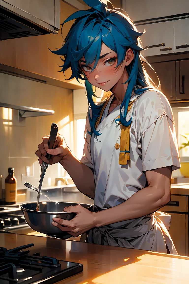 male character, young adult, lean body, himbo, tan skin, bubbly personality, long hair, on a kitchen, cooking something, bishonen, celshaded, bright and warm colors, homey vibe