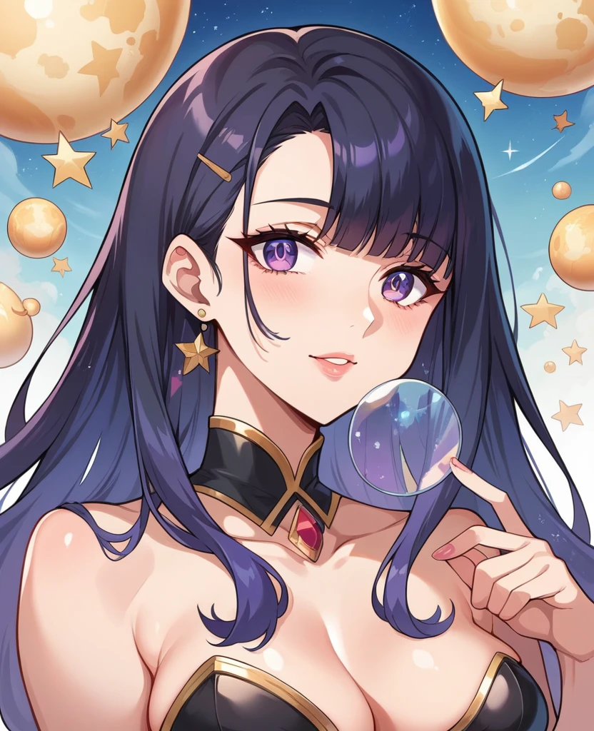 Glass Galaxy Crie uma imagem retratando o retrato de uma linda mulher Sasuke + lux lol de vestido em V sexy rasgada roupas decote front  of a universe where stars, Planetas, e as galáxias são feitas inteiramente de ouro negro, vidro translúcido, refratando e refletindo luz em padrões dinâmicos.