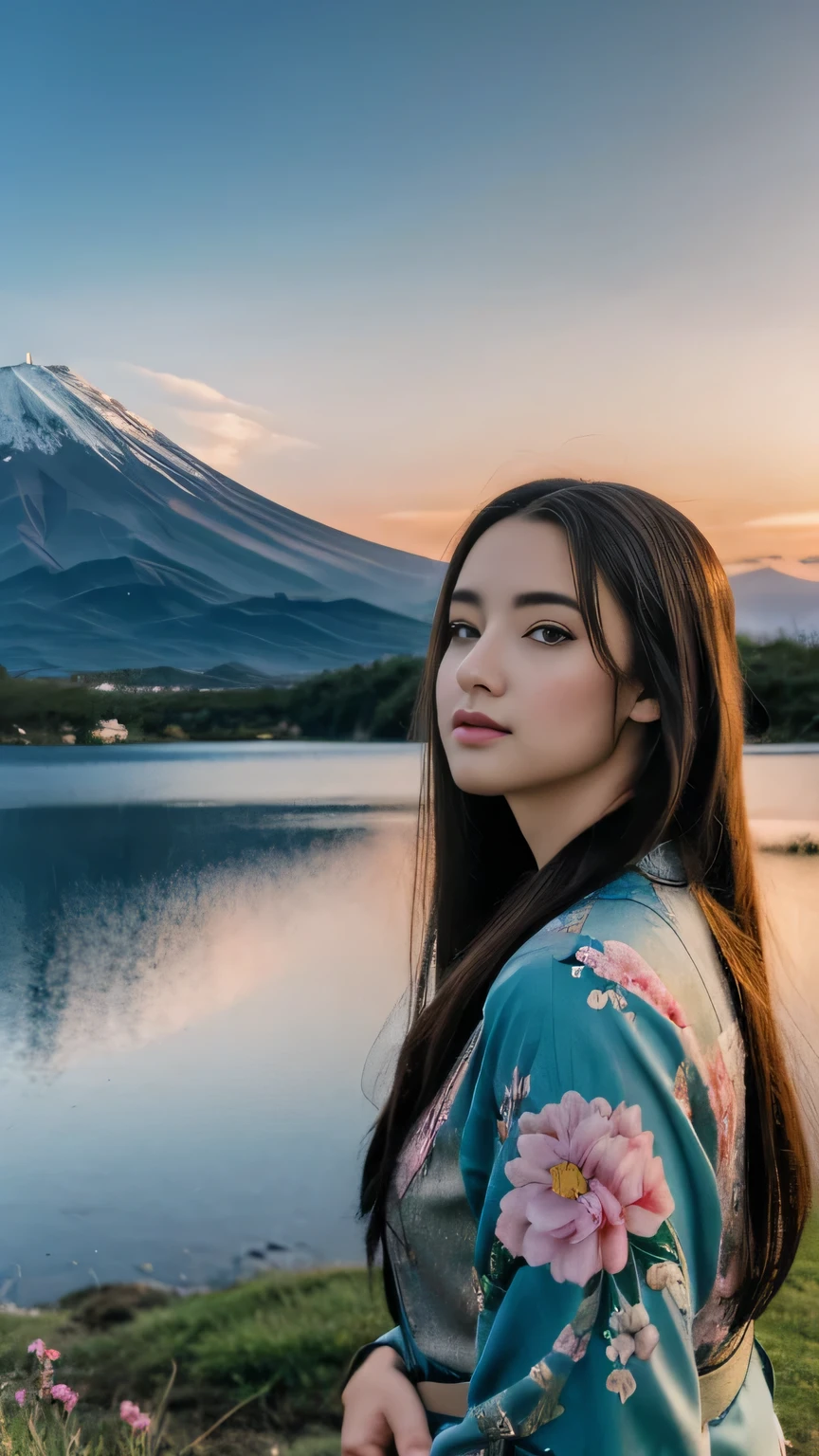 mejor calidad, obra maestra, extremely detalleed, detalleed background, detalleed eyes, animado, 1 chica, Ojos bonitos, chica joven, chica de pelo largo, cara expresiva, kimono, retro, paisaje del monte fuji, Al aire libre, atardecer, cielo hermoso, picnic en el lago, paisaje, escenario, horizonte, montaña sentada cerca de la montaña, viento, petalo de flor, primavera, mirando hacia otro lado, iluminación atmosférica, reflexión, naturalista, detalle, realism. relajación, Belleza, Solo enfoque, de cerca, de un lado, profundidad de campo, bokeh