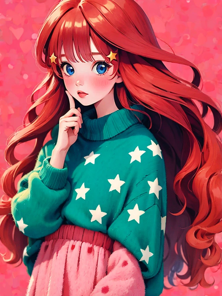 (masterpiece, best quality:1.2), 1 girl, alone，red wavy hair，Light fluffy long hair, star hairclips, blue eyes, ichika nakano, polka dot sweater，Sweater details，clean background