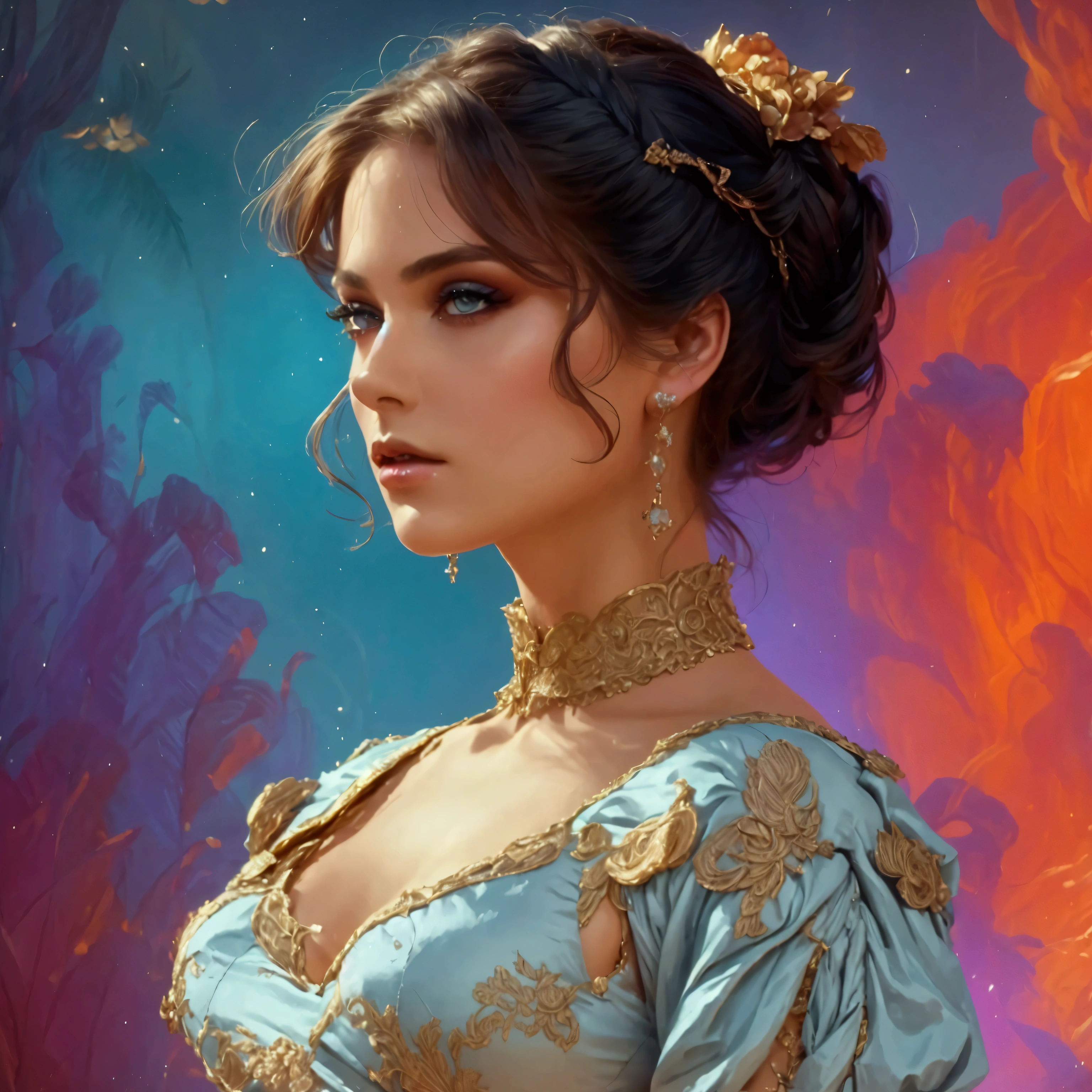 a woman in 1880s dress, a woman in 1980s outfit, a woman in 2180s futuristic outfit, masterpiece, highly detailed, photorealistic, cinematic lighting, dramatic lighting, intricate details, fashion illustration, oil painting, studio lighting, ultra-detailed