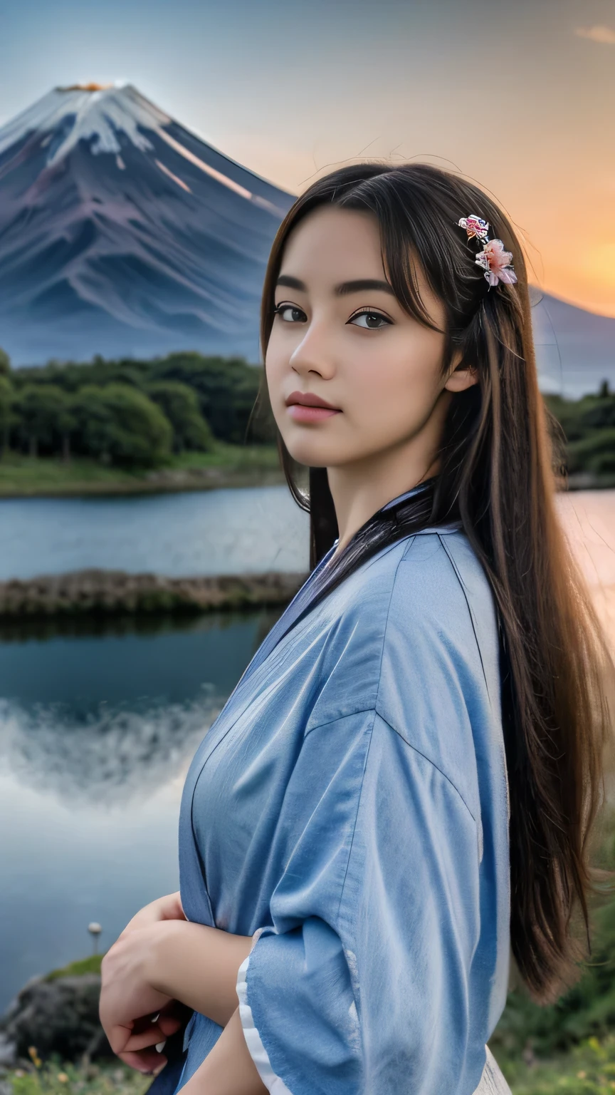 mejor calidad, obra maestra, extremely detalleed, detalleed background, detalleed eyes, animado, 1 chica, Ojos bonitos, chica joven, chica de pelo largo, cara expresiva, kimono, retro, paisaje del monte fuji, Al aire libre, atardecer, cielo hermoso, picnic en el lago, paisaje, escenario, horizonte, montaña sentada cerca de la montaña, viento, petalo de flor, primavera, mirando hacia otro lado, iluminación atmosférica, reflexión, naturalista, detalle, realism. relajación, Belleza, Solo enfoque, de cerca, de un lado, profundidad de campo, bokeh