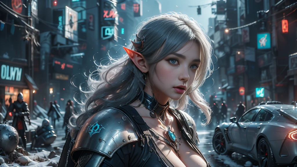 masterpiece,best quality,high resolution,8K,(Portraits:1.5),(R Original Photo),The real situation,Digital Photography,(A fusion of cyberpunk and fantasy),(Female Soldiers),20-year-old female elf,Feel free to hairstyle,White hair，Purple Eyes，By Bangs,(red eye breasts, Accessories,shut your mouth,Elegant and charming,Serious and arrogant,Calm and handsome,(Combination of cyberpunk and fantasy style clothing,hollow-carved design,Large Breasts，Combined Armor,Photo poses,Realistic style,Gray World Background,oc render reflection texture，sentry，futuristic city，Medium distance photography