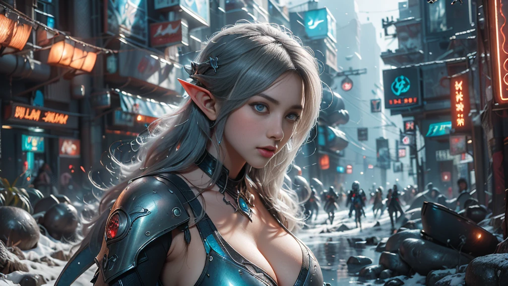 masterpiece,best quality,high resolution,8K,(Portraits:1.5),(R Original Photo),The real situation,Digital Photography,(A fusion of cyberpunk and fantasy),(Female Soldiers),20-year-old female elf,Feel free to hairstyle,White hair，Purple Eyes，By Bangs,(red eye breasts, Accessories,shut your mouth,Elegant and charming,Serious and arrogant,Calm and handsome,(Combination of cyberpunk and fantasy style clothing,hollow-carved design,Large Breasts，Combined Armor,Photo poses,Realistic style,Gray World Background,oc render reflection texture，sentry，futuristic city，Medium distance photography