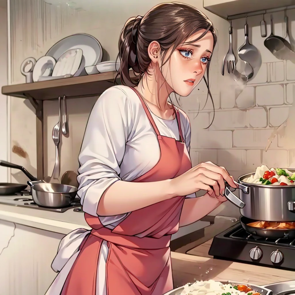 (masterpiece, best quality, detailed:1.3), housemaid in a green apron, brown shirt, (form-fitting skirt:1.2), hair neatly tied in a ponytail, actively cooking, (intricate kitchen setup:1.1), various spices and utensils, warm and soft lighting, tiled backsplash, pots and pans hanging, concentrated look, vibrant and cozy ambiance, high detail, realistic textures,Focus on cooking .
