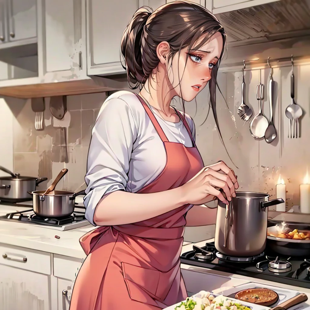 (masterpiece, best quality, detailed:1.3), housemaid in a green apron, brown shirt, (form-fitting skirt:1.2), hair neatly tied in a ponytail, actively cooking, (intricate kitchen setup:1.1), various spices and utensils, warm and soft lighting, tiled backsplash, pots and pans hanging, concentrated look, vibrant and cozy ambiance, high detail, realistic textures,Focus on cooking .
