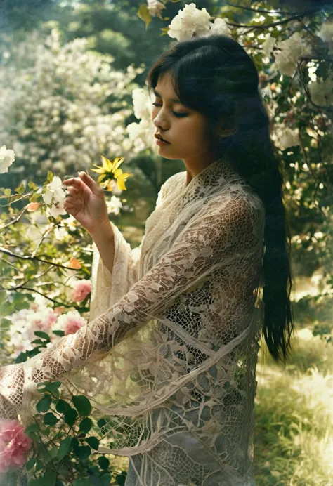 ethereal beauty in a garden, digital art photograph, beautiful asian supermodel's face and body obscured by flowers, lace-trimme...