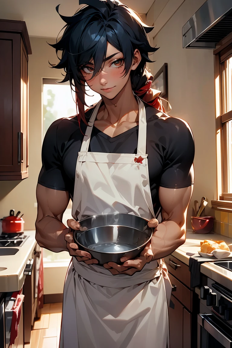 male character, young adult, fit lean body, himbo, tan skin, bubbly personality, long hair black hair with red strands, on a kitchen, cooking something, bishonen, celshaded, bright and warm colors, homey vibe