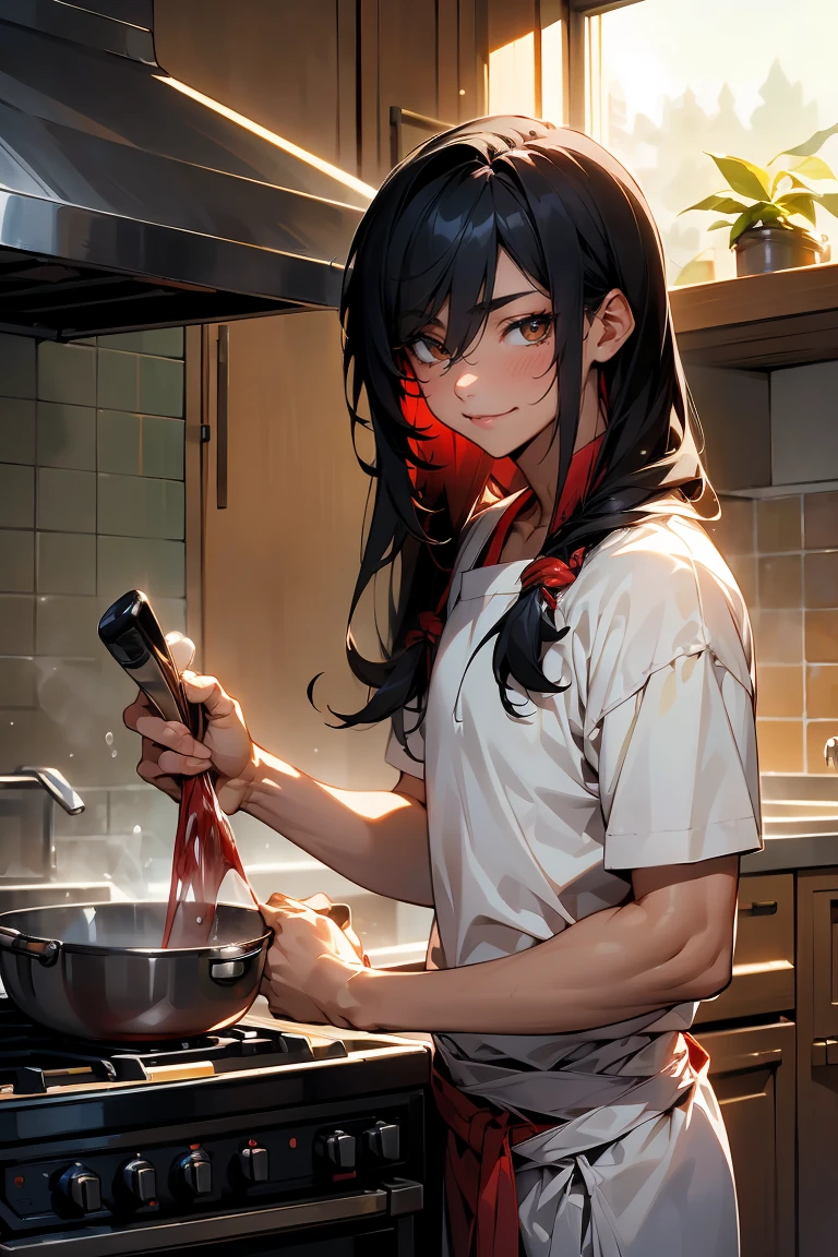 male character, young adult, fit lean body, himbo, tan skin, bubbly personality, long hair black hair with red strands, on a kitchen, cooking something, bishonen, celshaded, bright and warm colors, homey vibe