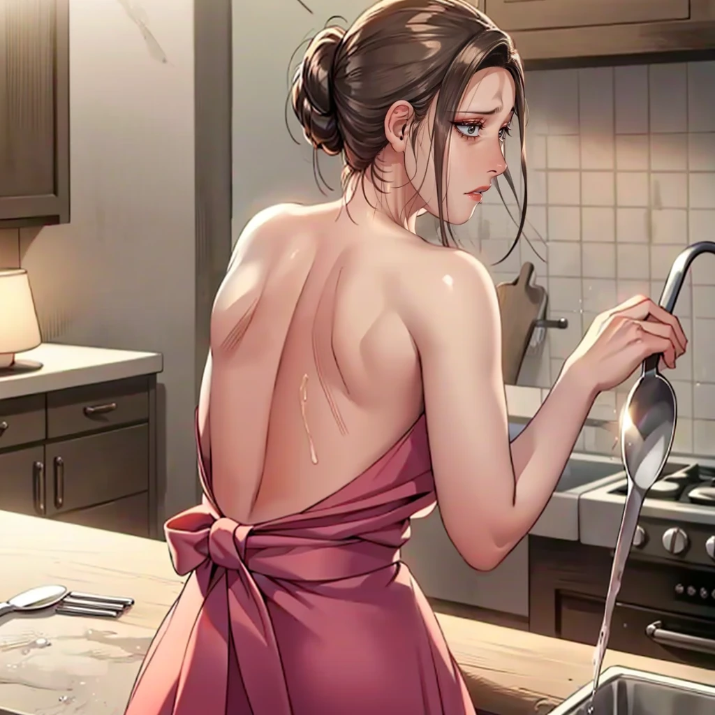 (masterpiece, best quality, detailed:1.3), housemaid in a green apron, brown shirt, (form-fitting skirt:1.2), hair neatly tied in a ponytail, actively cooking, (intricate kitchen setup:1.1), various spices and utensils, warm and soft lighting, tiled backsplash, pots and pans hanging, concentrated look, vibrant and cozy ambiance, high detail, realistic textures,Focus on cooking .
