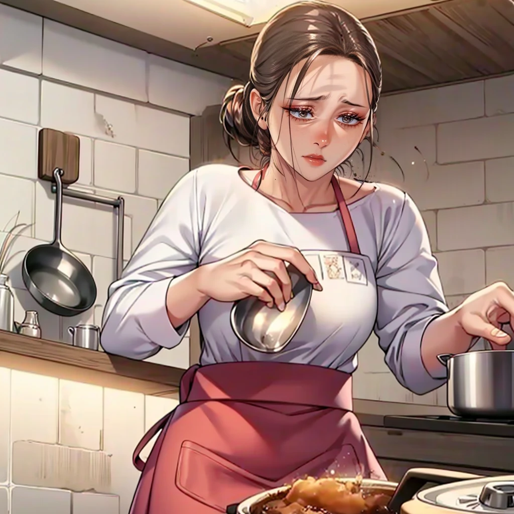 (masterpiece, best quality, detailed:1.3), housemaid in a green apron, brown shirt, (form-fitting skirt:1.2), hair neatly tied in a ponytail, actively cooking, (intricate kitchen setup:1.1), various spices and utensils, warm and soft lighting, tiled backsplash, pots and pans hanging, concentrated look, vibrant and cozy ambiance, high detail, realistic textures,Focus on cooking .
