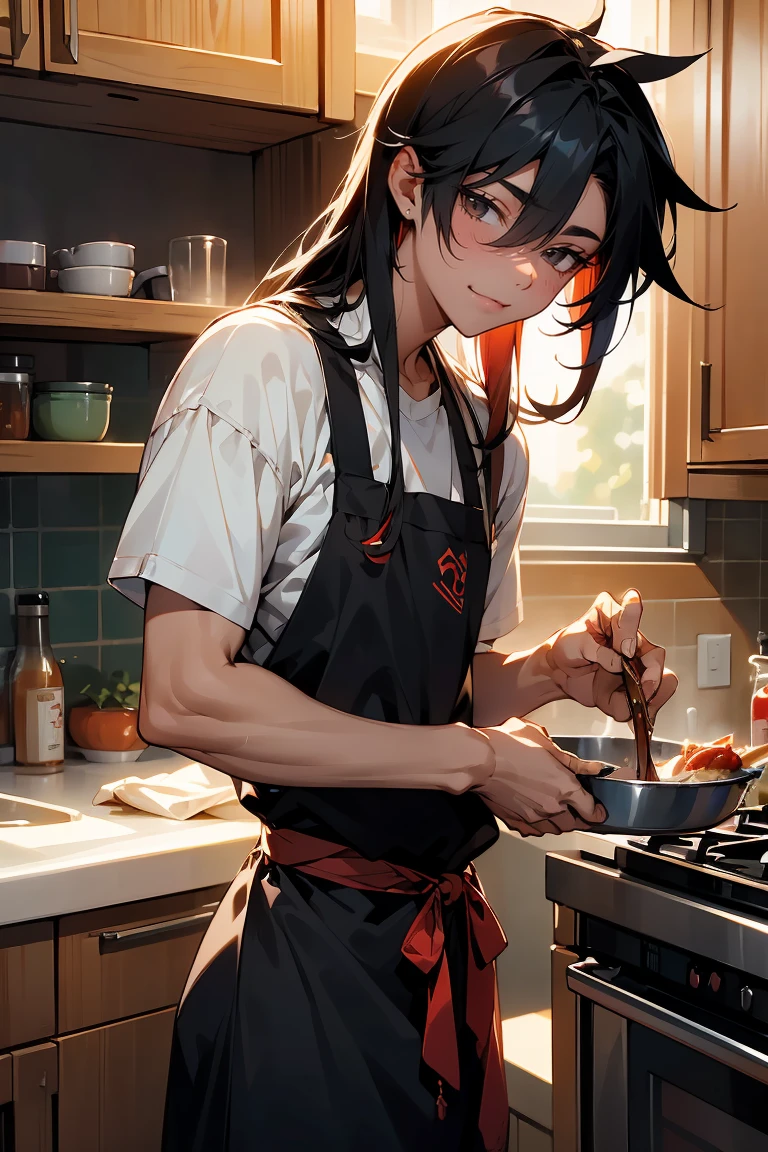 male character, young adult, fit lean body, himbo, tan skin, bubbly personality, long hair black hair with red strands, on a kitchen, cooking something, bishonen, celshaded, bright and warm colors, homey vibe, casual clothes with apron on