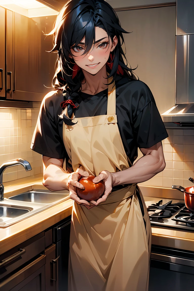 male character, young adult, fit lean body, himbo, tan skin, bubbly personality, long hair black hair with red strands, on a kitchen, cooking something, bishonen, celshaded, bright and warm colors, homey vibe, casual clothes with apron on