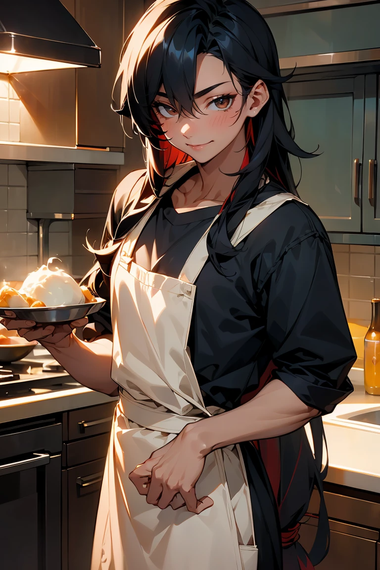 male character, young adult, fit lean body, himbo, tan skin, bubbly personality, long hair black hair with red strands, on a kitchen, cooking something, bishonen, celshaded, bright and warm colors, homey vibe, casual clothes with apron on