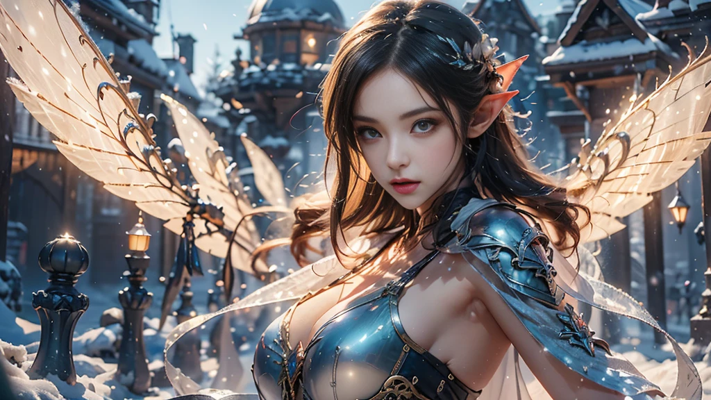 Close-up of woman holding sword and armor, Armor Girl, 2. 5D CGI anime fantasy artwork, Large Breasts，Epic fantasy digital art style, detailed Digital 2D fantasy art, Digital 2D fantasy art, original photo, (best quality:1.3), high resolution, (masterpiece), (lifelike:1.4), Professional photography, Clear focus, High Dynamic Range, 8k resolution, Intricate details, Fine details, Depth of Field, Extremely detailed CG unified 8k wallpaper, masterpiece，poster，best quality，Official Art，（Beauty and aesthetics：1.2），（masterpiece：1.3），Female Elf，individual，Light Leather Armor，complex pattern，snow，castle，Medium distance photography，（early morning），dramatic，Glowing Wings，