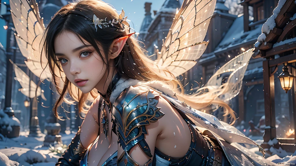 Close-up of woman holding sword and armor, Armor Girl, 2. 5D CGI anime fantasy artwork, Large Breasts，Epic fantasy digital art style, detailed Digital 2D fantasy art, Digital 2D fantasy art, original photo, (best quality:1.3), high resolution, (masterpiece), (lifelike:1.4), Professional photography, Clear focus, High Dynamic Range, 8k resolution, Intricate details, Fine details, Depth of Field, Extremely detailed CG unified 8k wallpaper, masterpiece，poster，best quality，Official Art，（Beauty and aesthetics：1.2），（masterpiece：1.3），Female Elf，individual，Light Leather Armor，complex pattern，snow，castle，Medium distance photography，（early morning），dramatic，Glowing Wings，