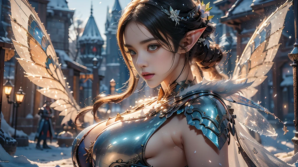 Close-up of woman holding sword and armor, Armor Girl, 2. 5D CGI anime fantasy artwork, Large Breasts，Epic fantasy digital art style, detailed Digital 2D fantasy art, Digital 2D fantasy art, original photo, (best quality:1.3), high resolution, (masterpiece), (lifelike:1.4), Professional photography, Clear focus, High Dynamic Range, 8k resolution, Intricate details, Fine details, Depth of Field, Extremely detailed CG unified 8k wallpaper, masterpiece，poster，best quality，Official Art，（Beauty and aesthetics：1.2），（masterpiece：1.3），Female Elf，individual，Light Leather Armor，complex pattern，snow，castle，Medium distance photography，（early morning），dramatic，Glowing Wings，