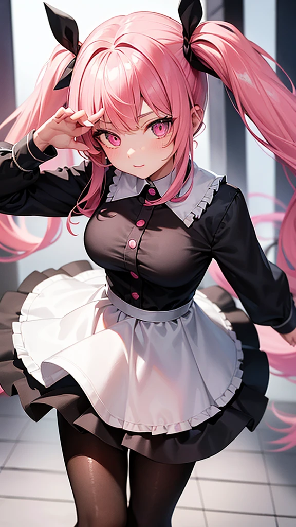 (Highest quality,Very detailed,1 Girl),Wearing black tights,Pink Hair,height: 160cm,cute,Pink Eyes,Twin tails,Big Breasts,Wear a uniform,Her eyes are white and shining,Look at me from up close,Has bright white eyes,