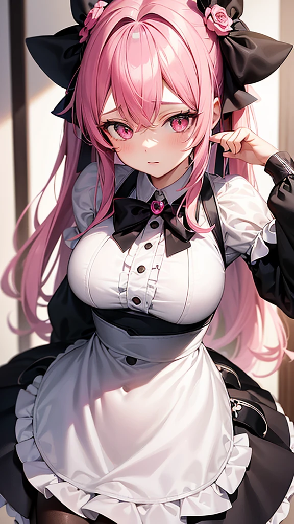 (Highest quality,Very detailed,1 Girl),Wearing black tights,Pink Hair,height: 160cm,cute,Pink Eyes,Twin tails,Big Breasts,Wear a uniform,Her eyes are white and shining,Look at me from up close,Has bright white eyes,