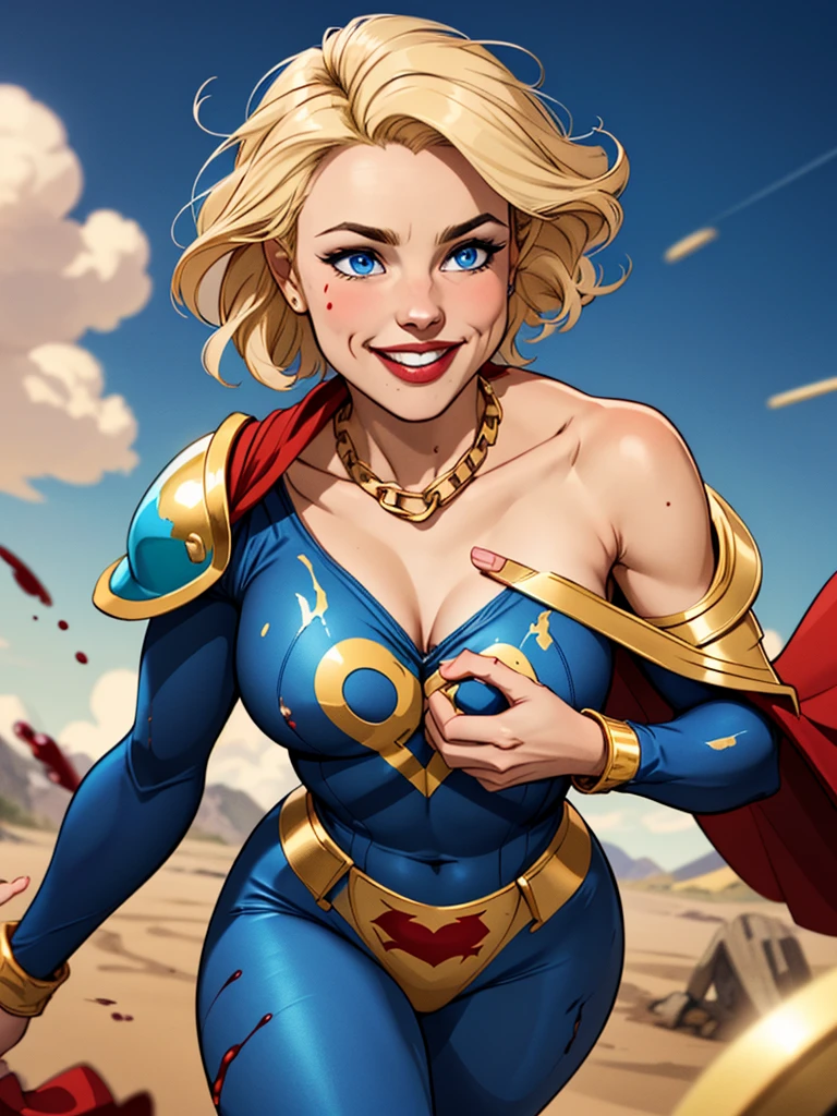 Young female, blonde with short hair, with big, bright blue eyes, wearing a blue costume, defined chest, wearing a golden shoulder pad in the shape of an eagle, with a golden chain running across his chest holding a red cape Smiling with blood splash on face and clothes