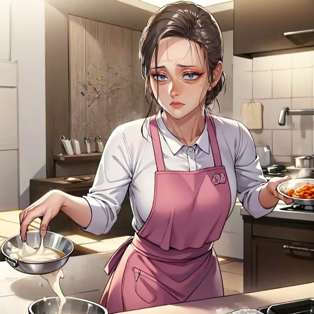 (masterpiece, best quality, detailed:1.3), housemaid in a green apron, brown shirt, (form-fitting skirt:1.2), hair neatly tied in a ponytail, actively cooking, (intricate kitchen setup:1.1), various spices and utensils, warm and soft lighting, tiled backsplash, pots and pans hanging, concentrated look, vibrant and cozy ambiance, high detail, realistic textures,Focus on cooking .
