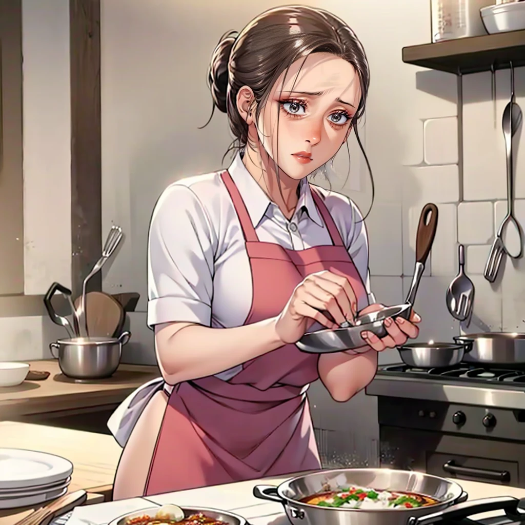 (masterpiece, best quality, detailed:1.3), housemaid in a green apron, brown shirt, (form-fitting skirt:1.2), hair neatly tied in a ponytail, actively cooking, (intricate kitchen setup:1.1), various spices and utensils, warm and soft lighting, tiled backsplash, pots and pans hanging, concentrated look, vibrant and cozy ambiance, high detail, realistic textures,Focus on cooking .
