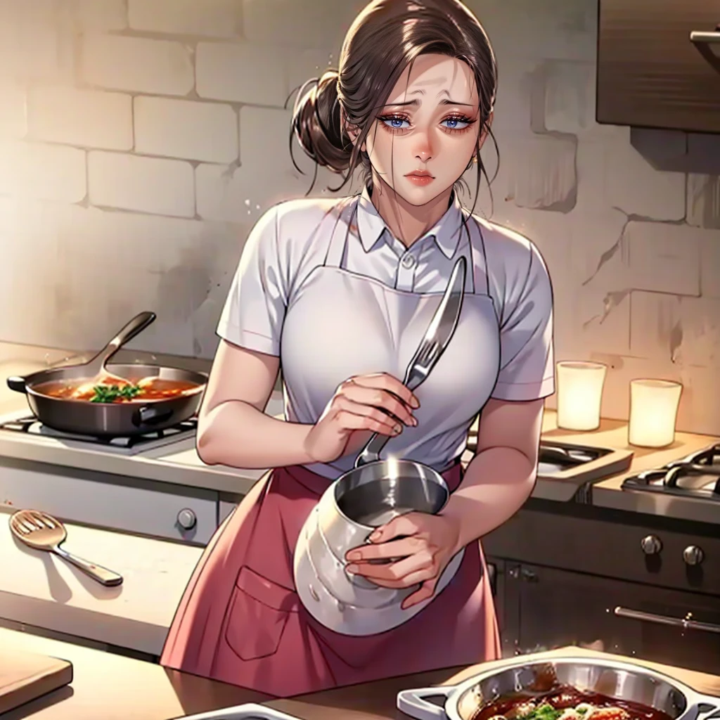 (masterpiece, best quality, detailed:1.3), housemaid in a green apron, brown shirt, (form-fitting skirt:1.2), hair neatly tied in a ponytail, actively cooking, (intricate kitchen setup:1.1), various spices and utensils, warm and soft lighting, tiled backsplash, pots and pans hanging, concentrated look, vibrant and cozy ambiance, high detail, realistic textures,Focus on cooking .
