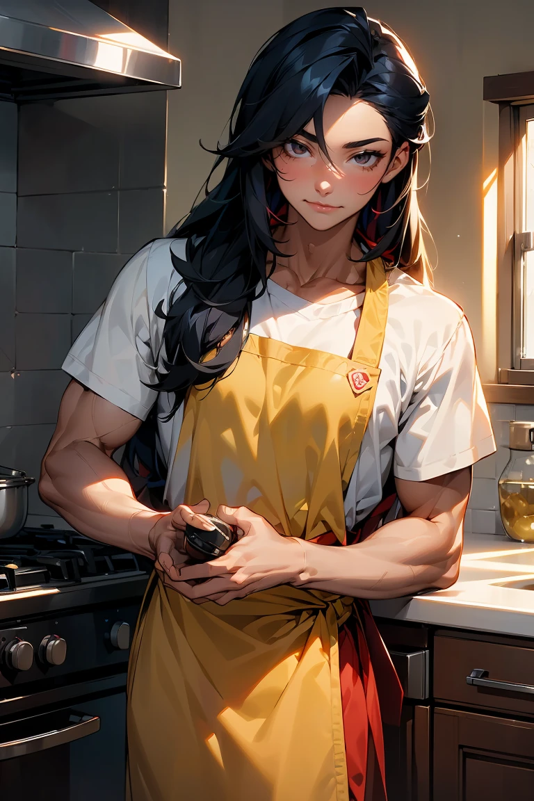 male character, young adult, fit lean body, muscular, himbo, tan skin, bubbly personality, long hair black hair with red strands, on a kitchen, cooking something, bishonen, celshaded, bright and warm colors, homey vibe, casual clothes with apron on