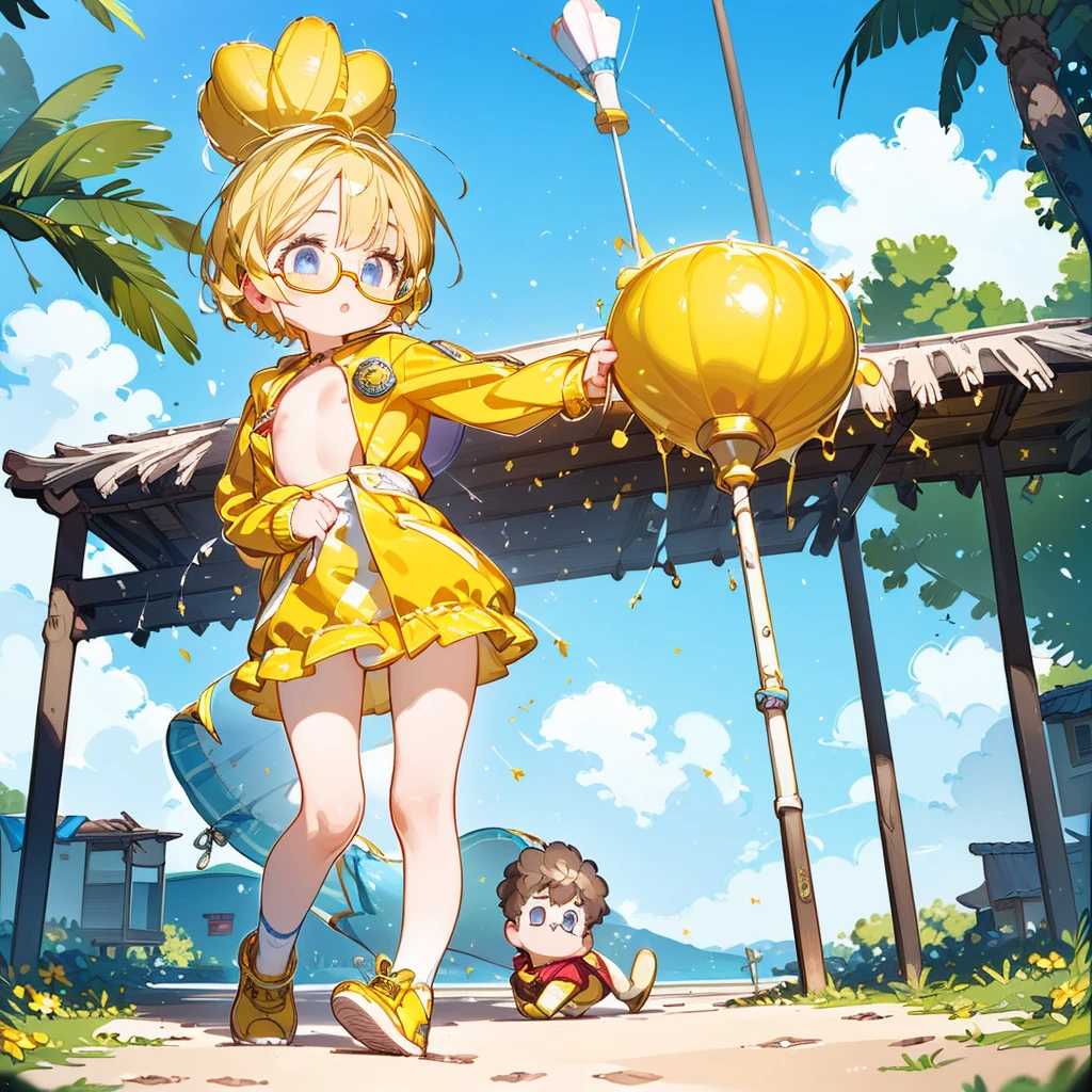 (Top quality, ultra-high resolution, ultra-high definition, realistic masterpiece, (highly detailed CG illustration: 1.2) A girl, a miniature cute beauty with glasses, a huge dandelion-like blonde afro, blue eyes, (yellow glasses,) (red long coat) fluttering in the wind, standing on a desert hill(Pointy Upturned Nipples, Flat Chest, Correctly Drawn Swollen Nipples, Carefully Drawn Realistic Shaved Pussy) Effective Use of LoRA with Emphasis
