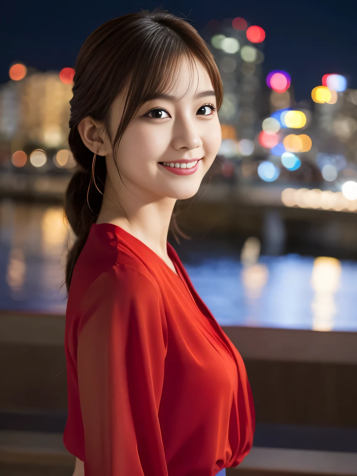 1 girl, (wearing a red blouse:1.2), Beautiful Japan actress,
(RAW photo, highest quality), (realistic, Photoreal:1.4), masterpiece, 
very delicate and beautiful, very detailed, 2k wallpaper, wonderful, 
finely, Very detailed CG Unity 8k 壁紙, super detailed, High resolution, 
soft light, beautiful detailed girl, very detailed目と顔, beautifully detailed nose, beautiful and fine eyes, 
cinematic lighting, Against the backdrop of the cityscape at night, city lights, perfect anatomy, slender body, smile, Random body orientation,