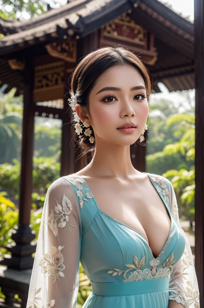 Illustrate a beautiful girl close up dressed in kebaya, set against the backdrop of a Balinese temple. Ensure that the image is photorealistic and of top-quality 8K HDR, capturing every intricate detail of the scene.,kebaya,kebaya indonesia,perfect ,cleavage