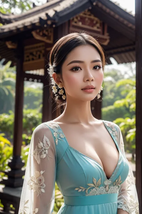 illustrate a beautiful girl close up dressed in kebaya, set against the backdrop of a balinese temple. ensure that the image is ...