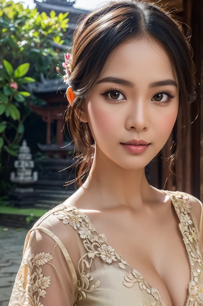 Illustrate a beautiful girl close up dressed in kebaya, set against the backdrop of a Balinese temple. Ensure that the image is photorealistic and of top-quality 8K HDR, capturing every intricate detail of the scene.,kebaya,kebaya indonesia,perfect ,cleavage