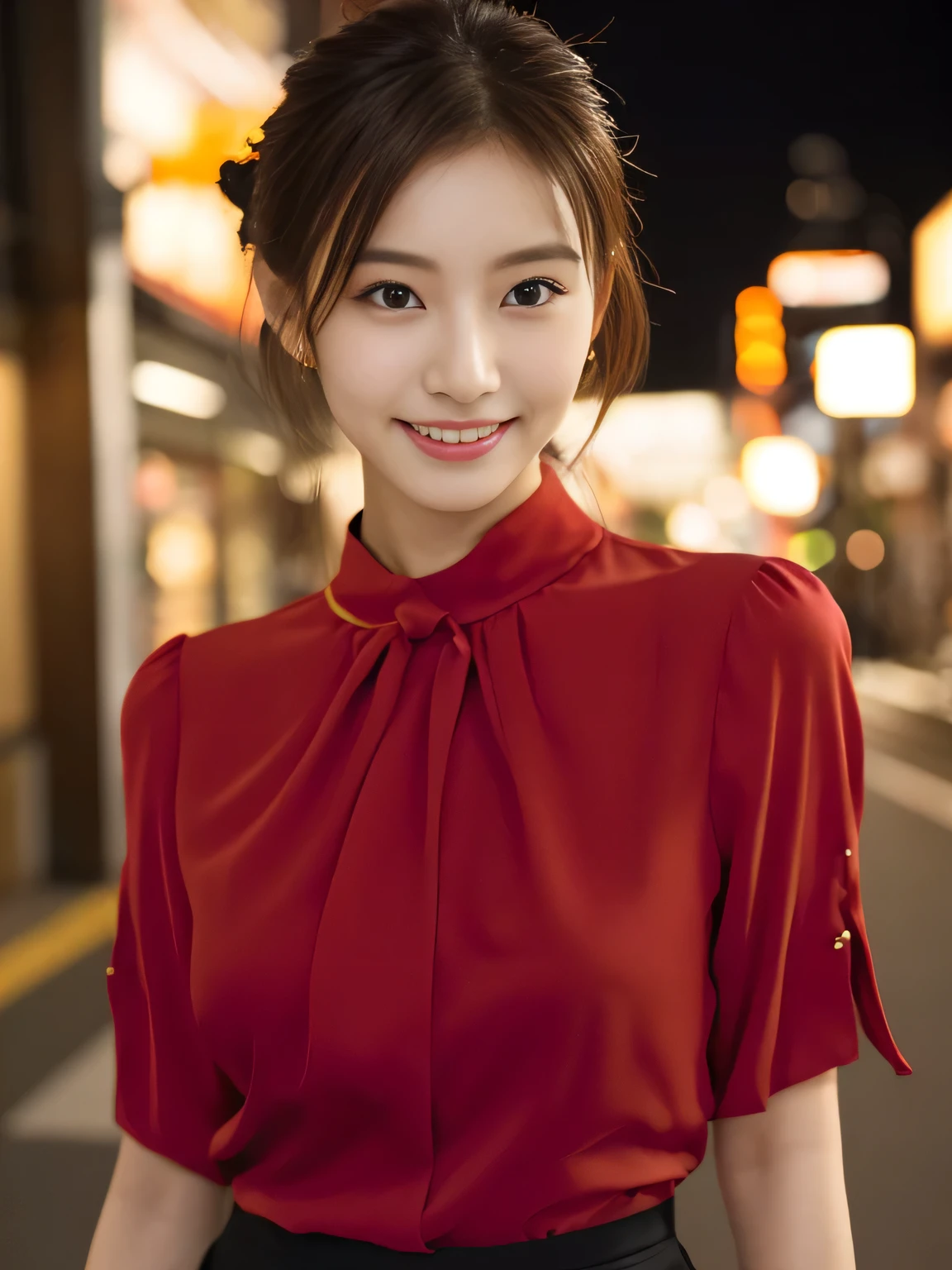 1 girl, (wearing a red blouse:1.2), Beautiful Japan actress,
(RAW photo, highest quality), (realistic, Photoreal:1.4), masterpiece, 
very delicate and beautiful, very detailed, 2k wallpaper, wonderful, 
finely, Very detailed CG Unity 8k 壁紙, super detailed, High resolution, 
soft light, beautiful detailed girl, very detailed目と顔, beautifully detailed nose, beautiful and fine eyes, 
cinematic lighting, Against the backdrop of the cityscape at night, city lights, perfect anatomy, slender body, smile, Random body orientation,