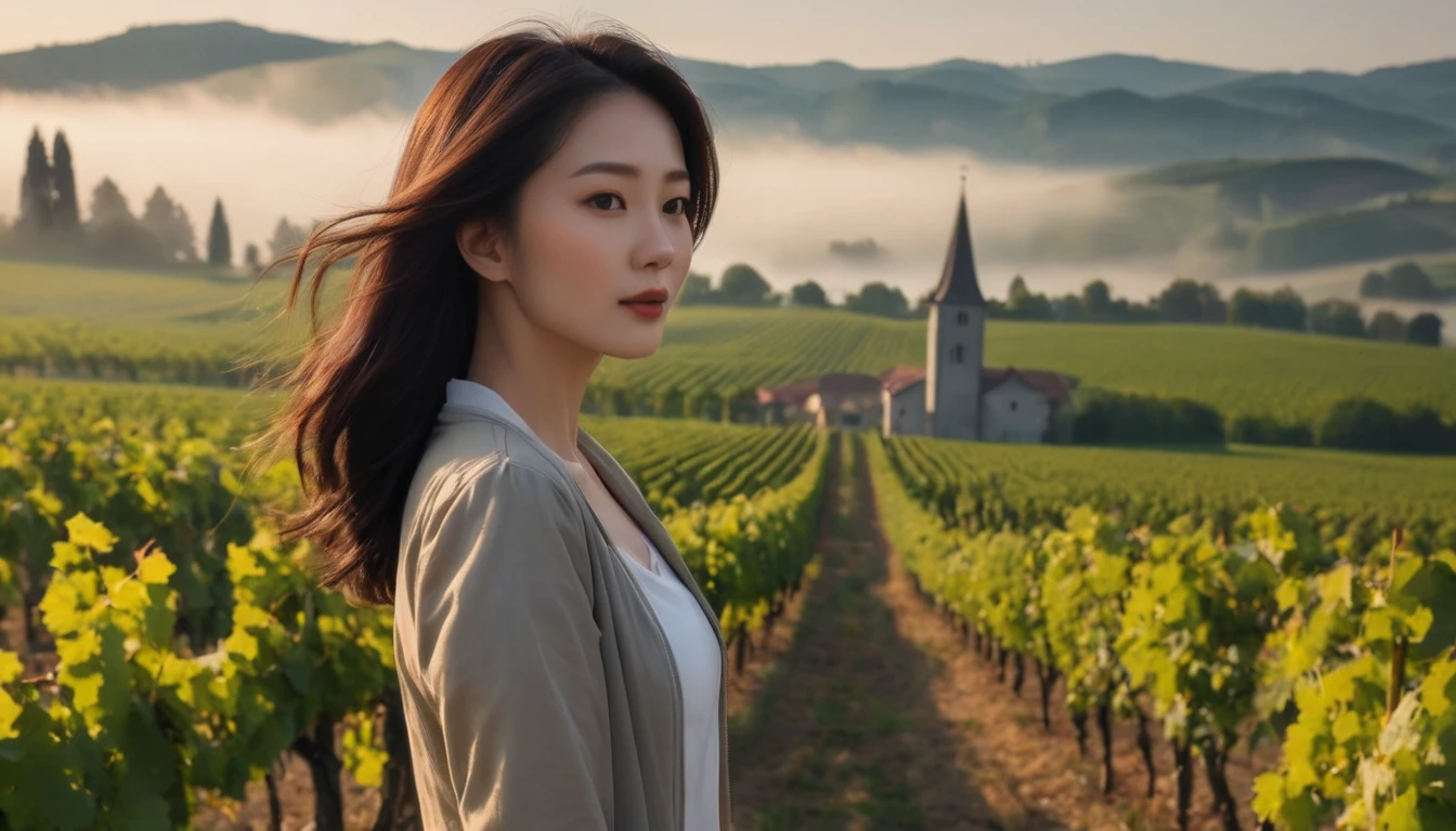 Woman in a beautiful landscape 8K highest quality, Beautiful 3 Korean woman, Chest size 34 inches, Passing through the vineyards in the Swiss countryside, the cathedral is visible through the early morning fog., The back background is realistic and vivid image quality, short medium hair, Casual and British - (summer jacket) ,Perfect and realistic photos, The background is realistic. Full body shot with Canon camera 16-35 wide angle lens, expressionless, Walking up a vineyard hill covered in thick fog., Looking at the front camera